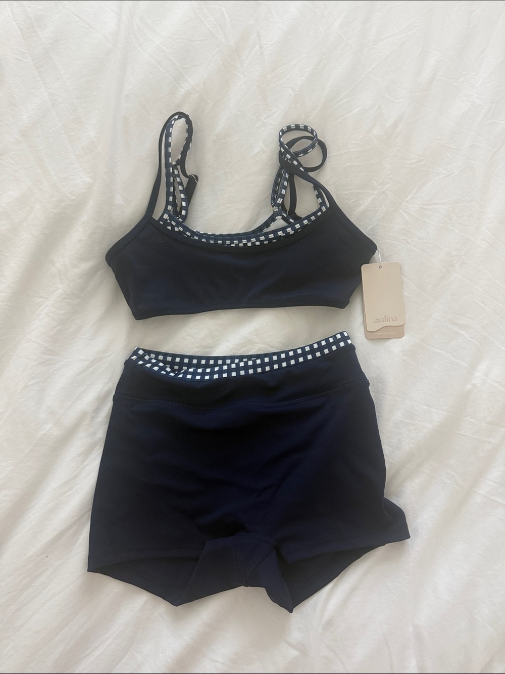 Navy Sports bra and Shorts Set with Gingham Trim